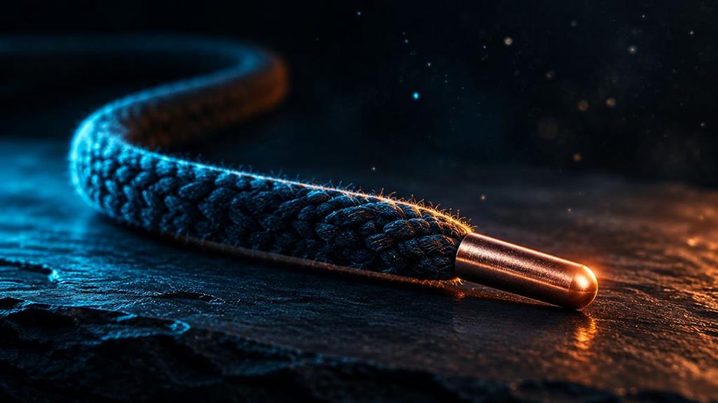 A shoelace resting on dark stone, its end sealed by a small glowing metal tip