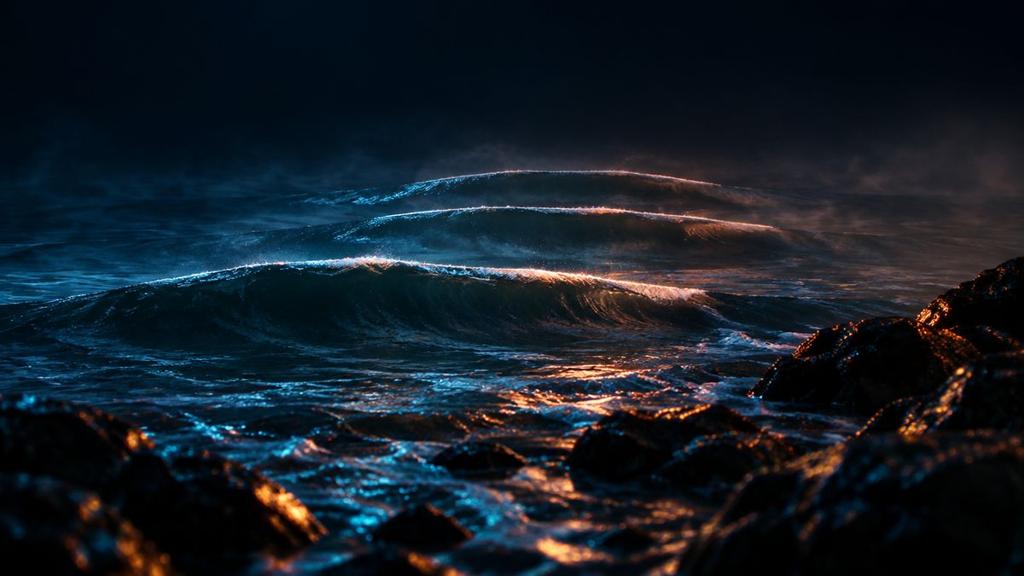 Smooth waves rolling toward a rocky shore on a dark sea at night