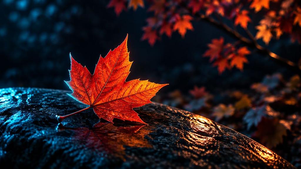 A red maple leaf resting on dark wet stone at night, its edges glowing