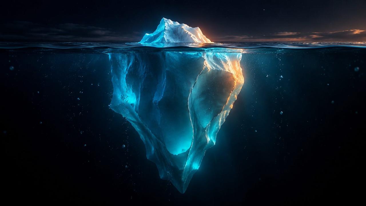 AI illustration: deep belly fat hides out of sight, like the underwater part of an iceberg, and it is the fat tesamorelin was studied to shrink