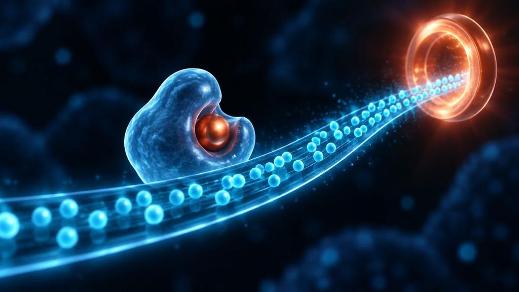A glowing conveyor line inside a cell carrying small cyan beads toward a bright copper ring, while a rounded enzyme shape beside it sits still with a copper plug in its pocket