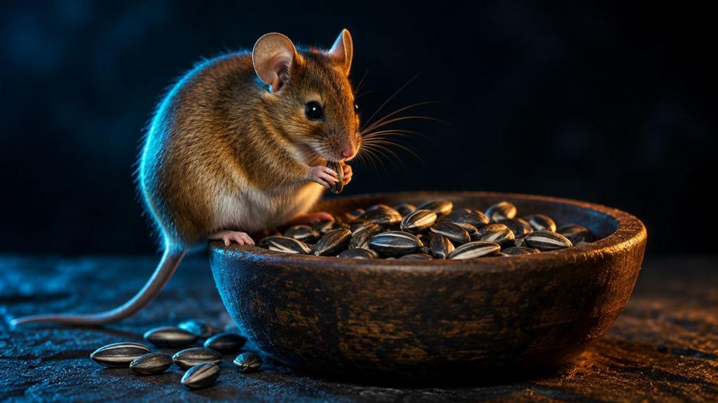 A plump, healthy brown mouse sitting on the rim of an old wooden bowl of seeds, nibbling one seed held in its front paws