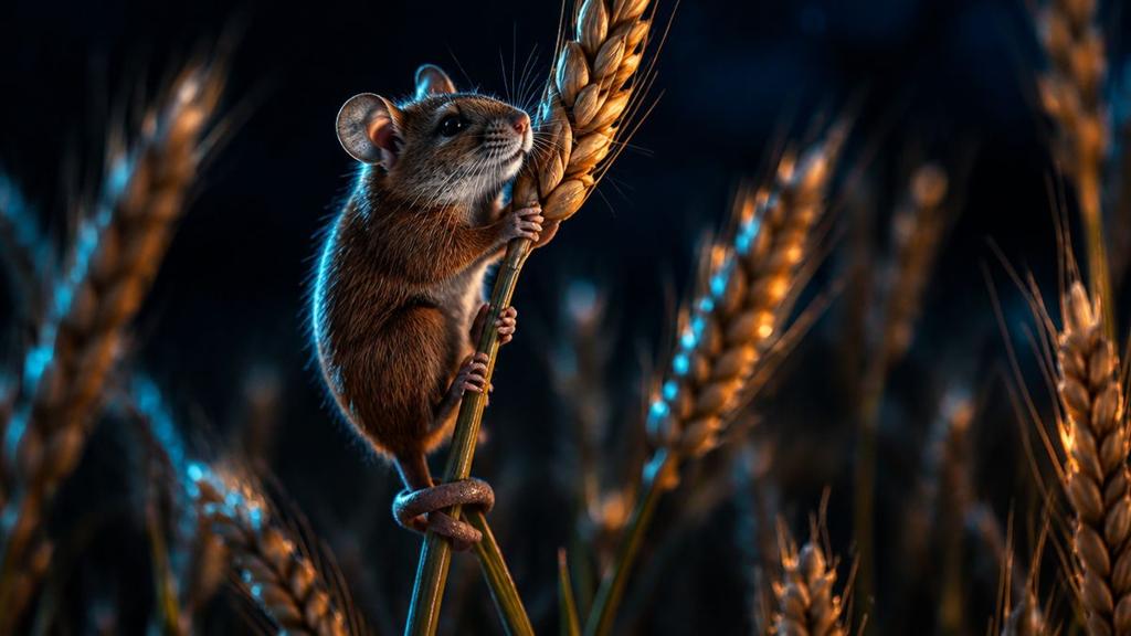 A healthy older mouse with a gray muzzle clinging firmly to a golden wheat stalk as it climbs