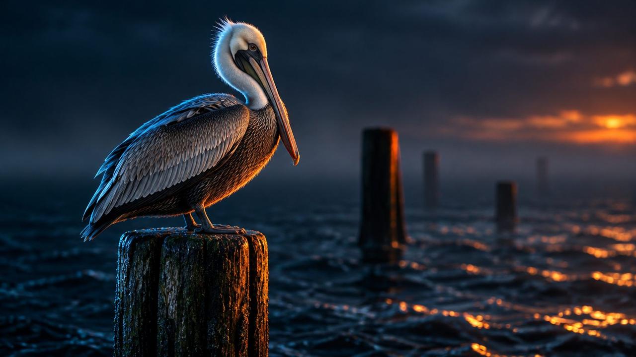 AI illustration: a brown pelican on the Texas Gulf coast near Galveston, where a university team tested 5-amino-1MQ in obese mice
