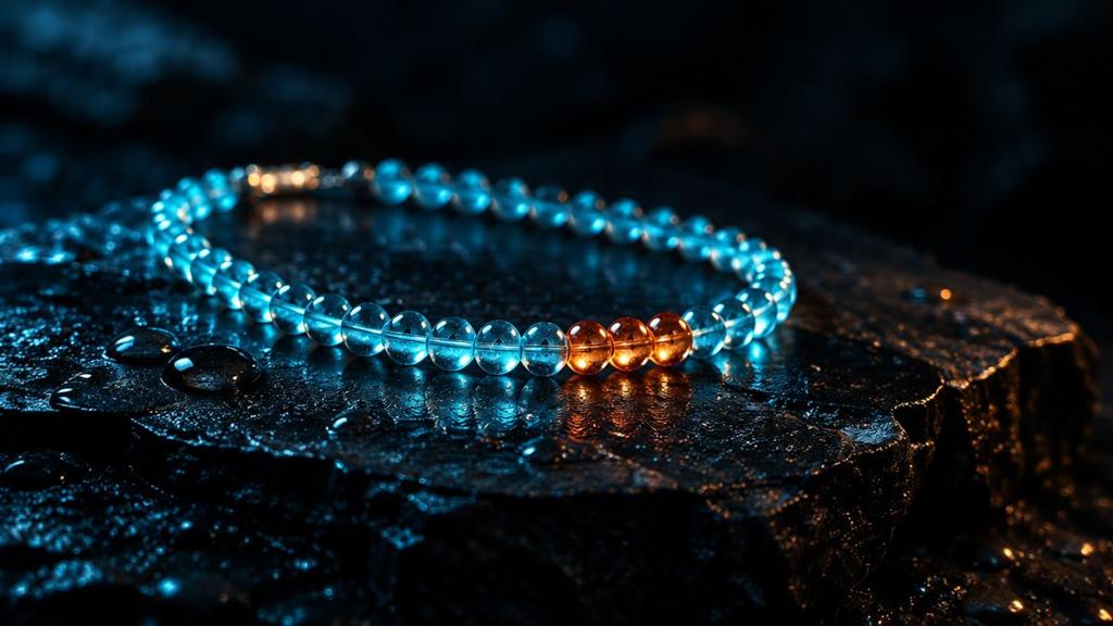 A glass bead bracelet with three copper beads among glowing cyan ones