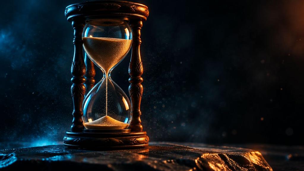 An old hourglass on dark stone, with a thin stream of golden sand trickling slowly down