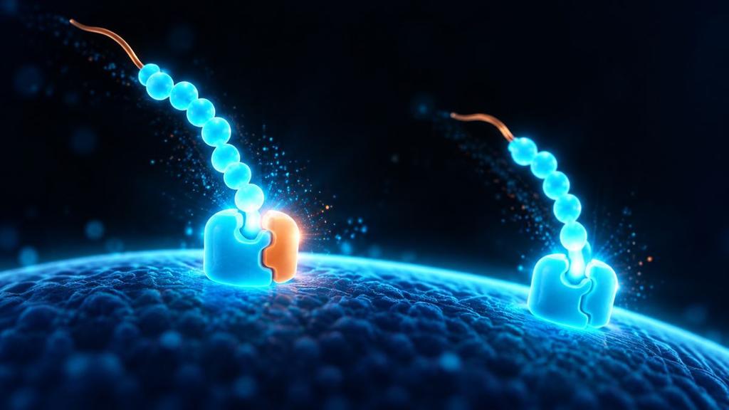 A glowing chain of beads with a copper tail fitting into a two-part lock on a cell