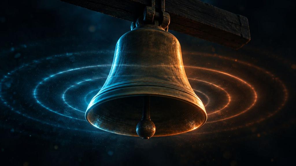 An old bronze bell hanging in the dark, with soft rings of light spreading out from it