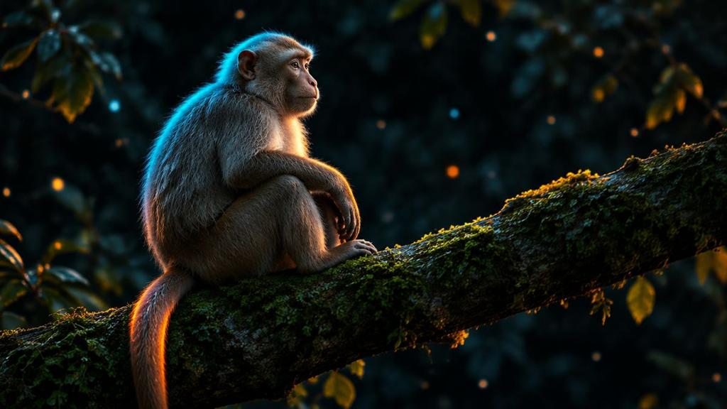 A calm rhesus monkey sitting on a mossy branch at dusk, its fur lit by soft cyan and copper light