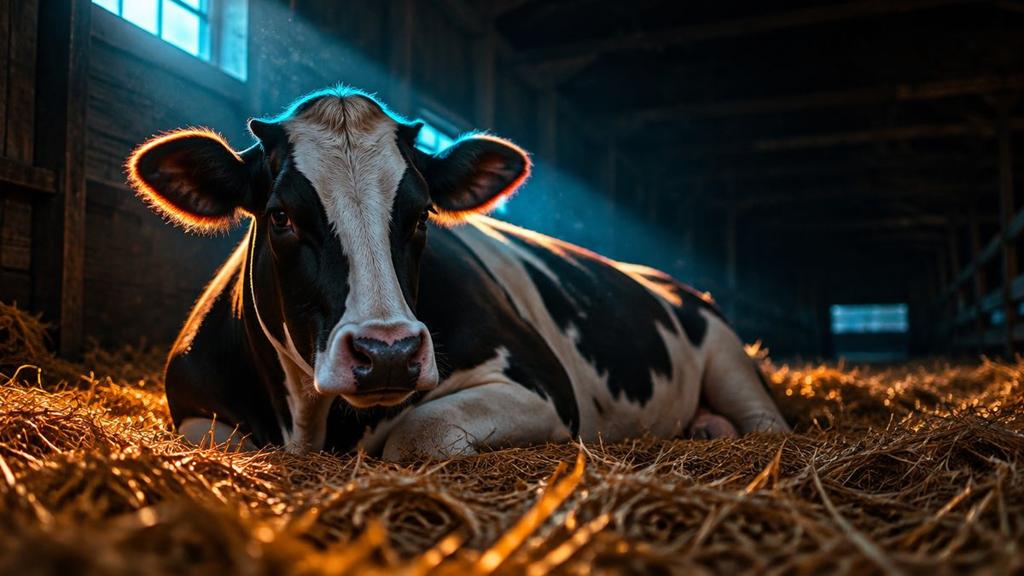 A healthy dairy cow resting in clean straw in a quiet barn at dawn