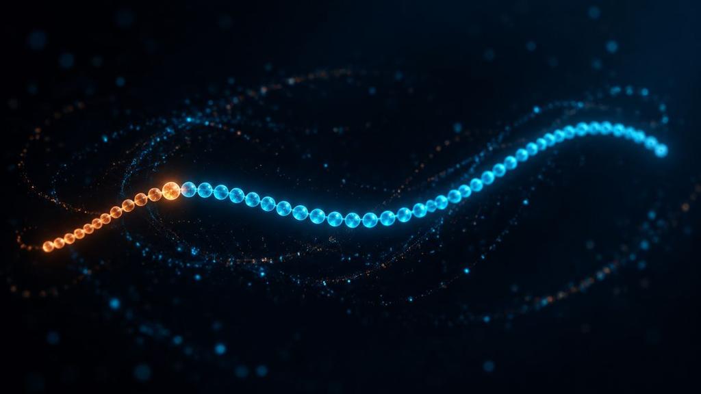 A glowing chain of beads with one copper bead near its front and a short copper tail of extra beads