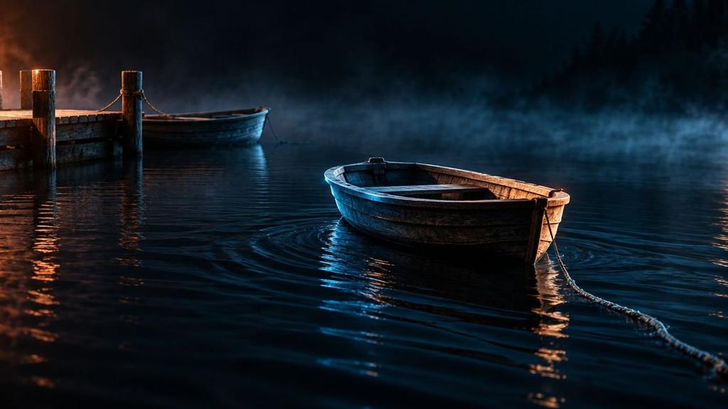 A small wooden rowboat drifting free on dark water at night, its loose rope trailing behind it