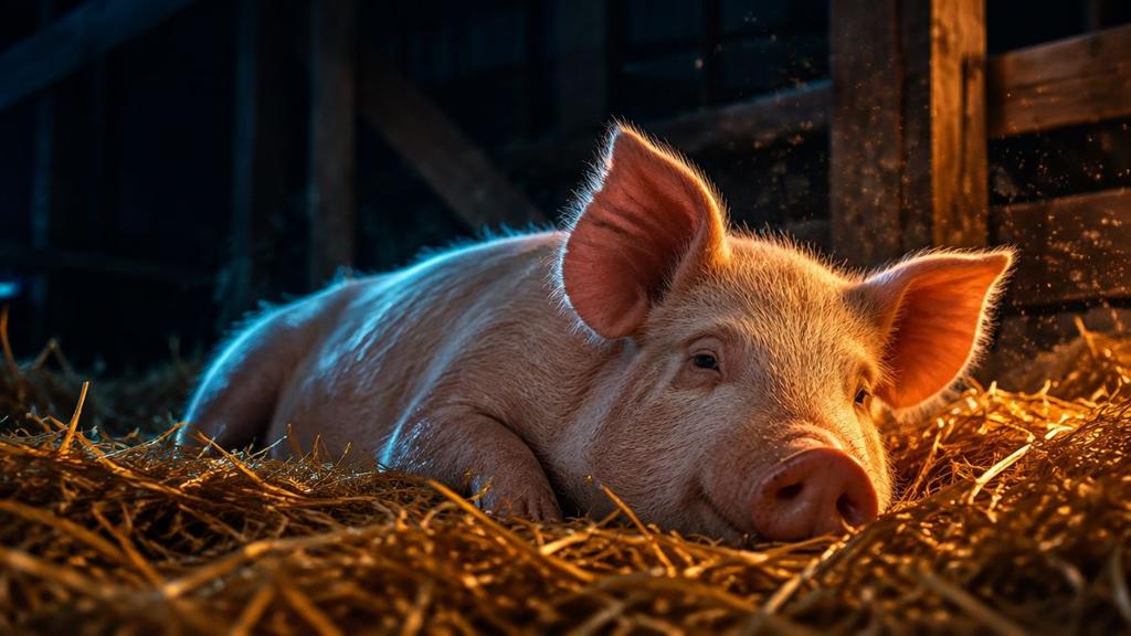 A healthy young pig resting calmly in golden straw at night