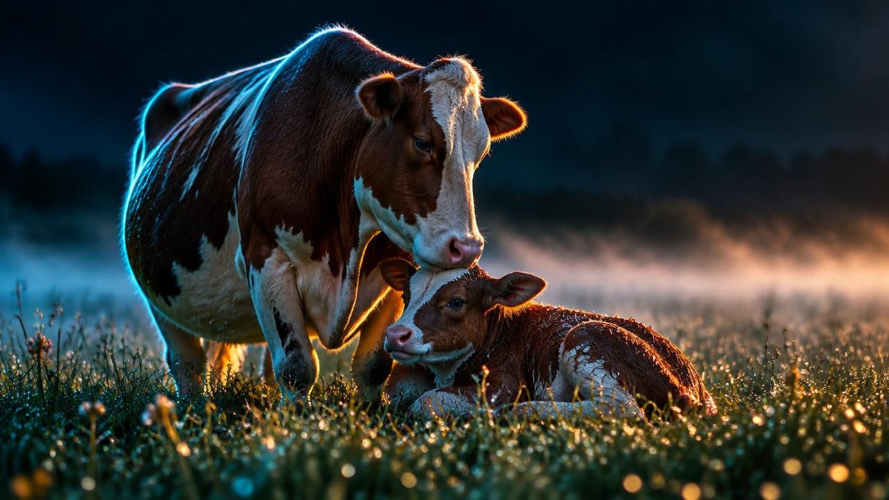 AI illustration: a cow and her newborn calf. In the 1980s, a clue in a cow's first milk set Adelaide scientists on the path to IGF-1 LR3