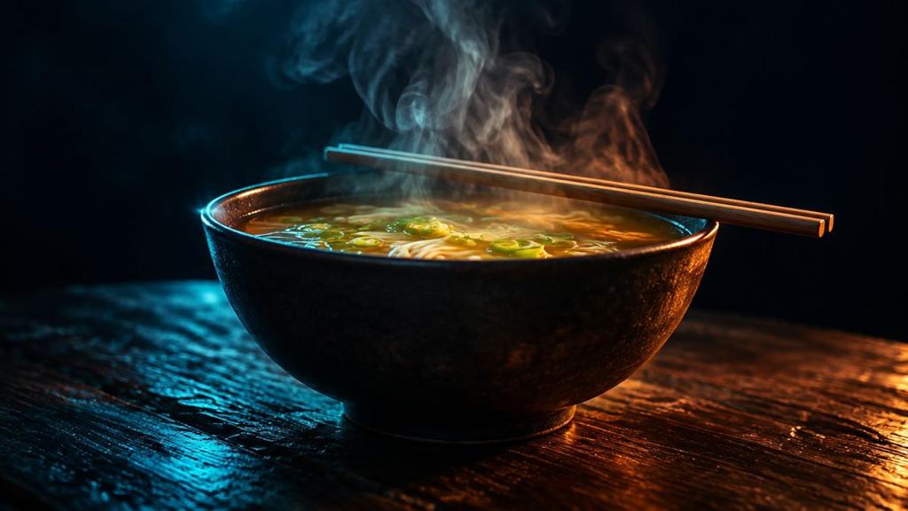 A steaming bowl of noodle soup on a dark wooden table at night