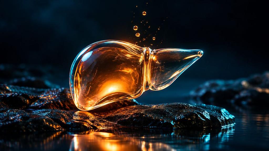 A glowing glass sculpture of a liver resting on dark wet stone
