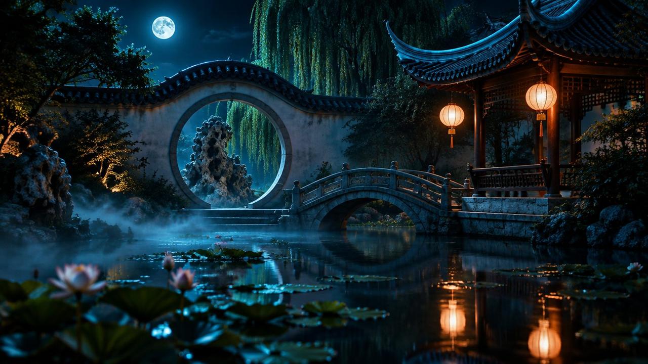 AI illustration: a night garden in Suzhou, China, home of Innovent, the company behind mazdutide's big trials in China