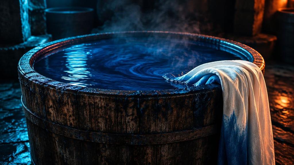 A round wooden vat of deep blue dye with a length of pale cotton cloth dipped over its rim