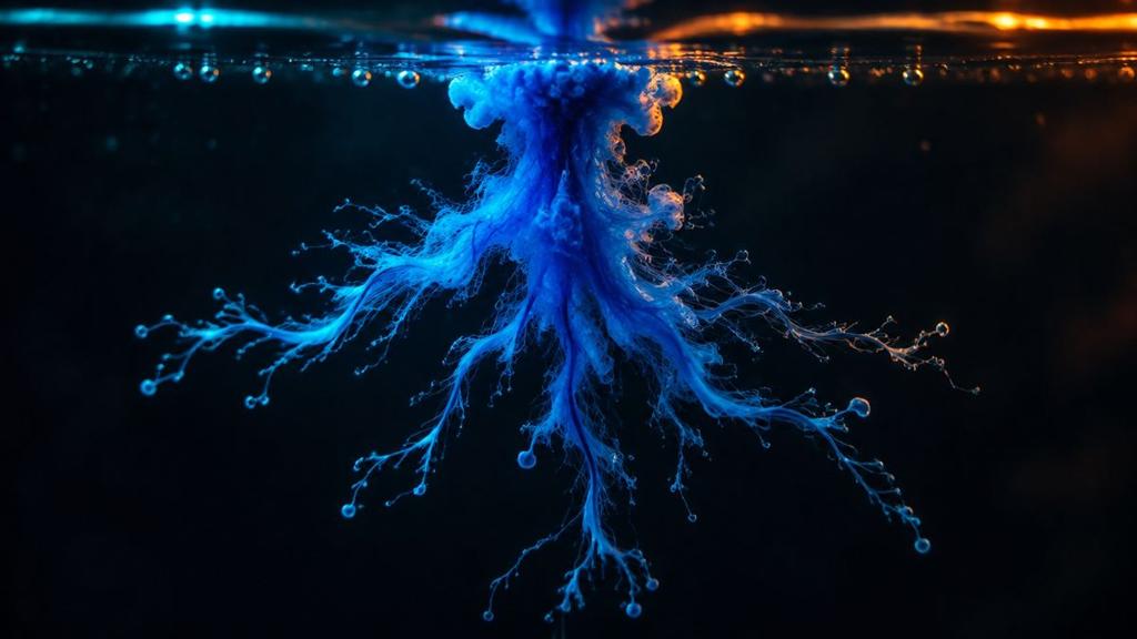 A drop of deep blue dye blooming in clear water into branching tendrils shaped like a nerve cell