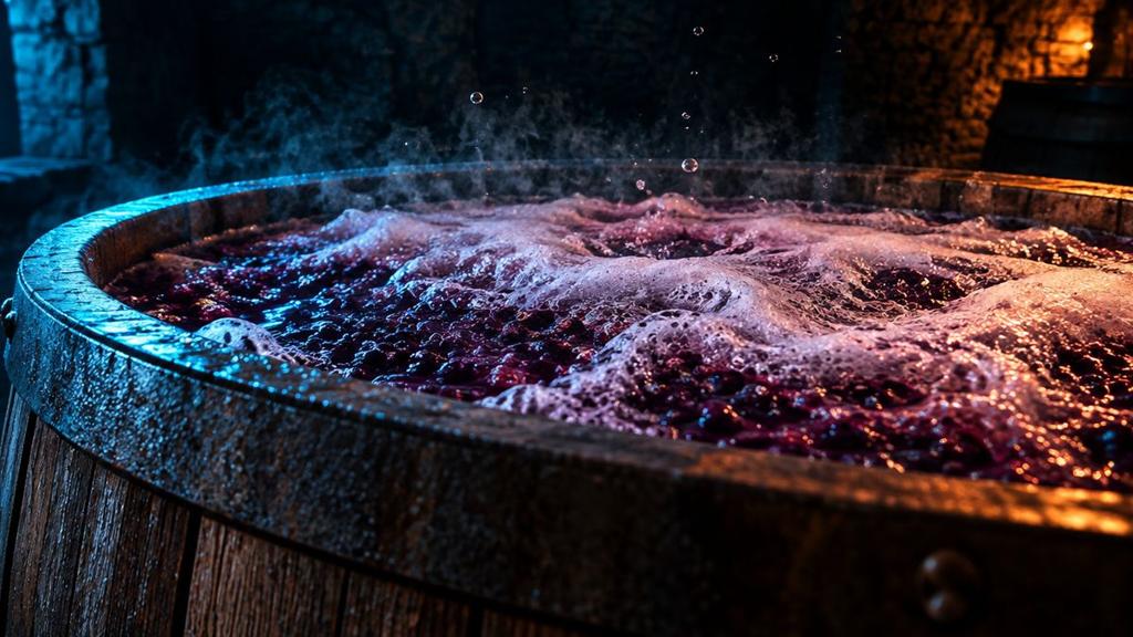 A big old oak vat full of foaming, bubbling grape juice in a dark stone cellar