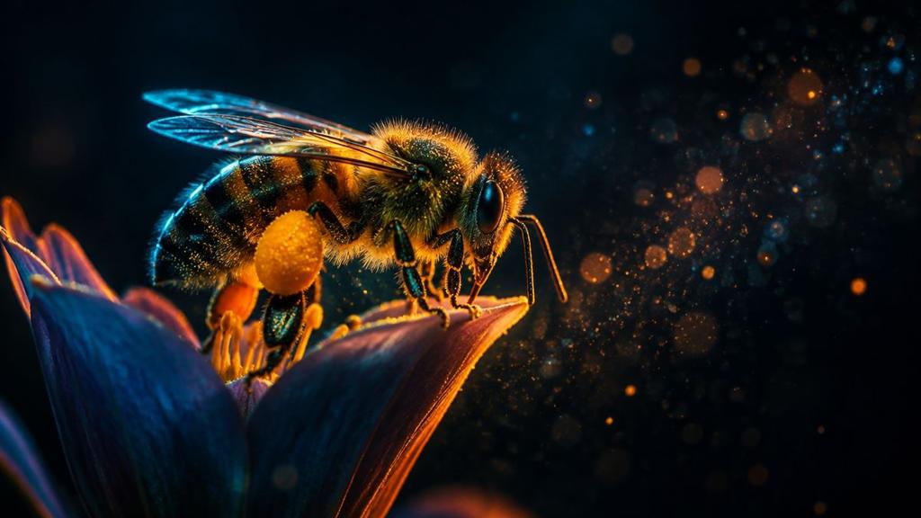 A honeybee resting on a flower at dusk, its legs heavy with glowing golden pollen