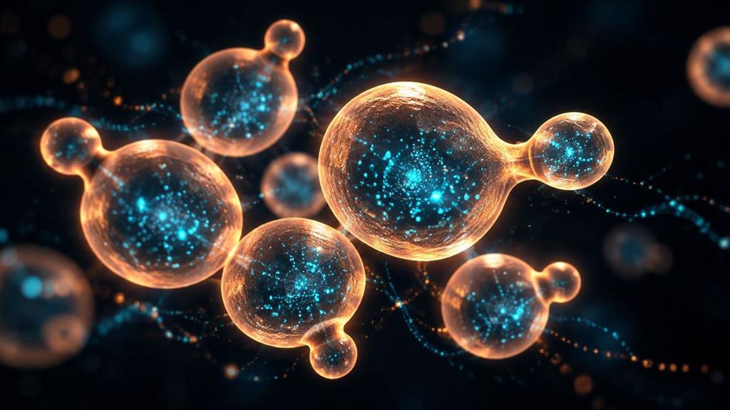 Glowing round yeast cells budding into new cells, floating in a dark space