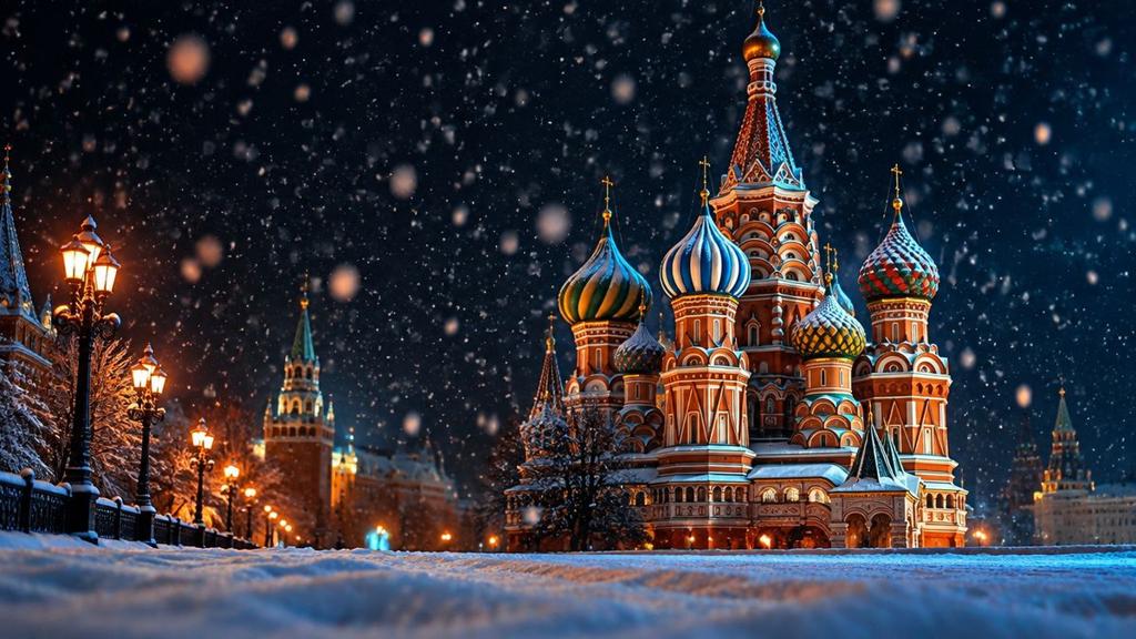Colorful onion domes of an old Russian church glowing under falling snow on a quiet winter night