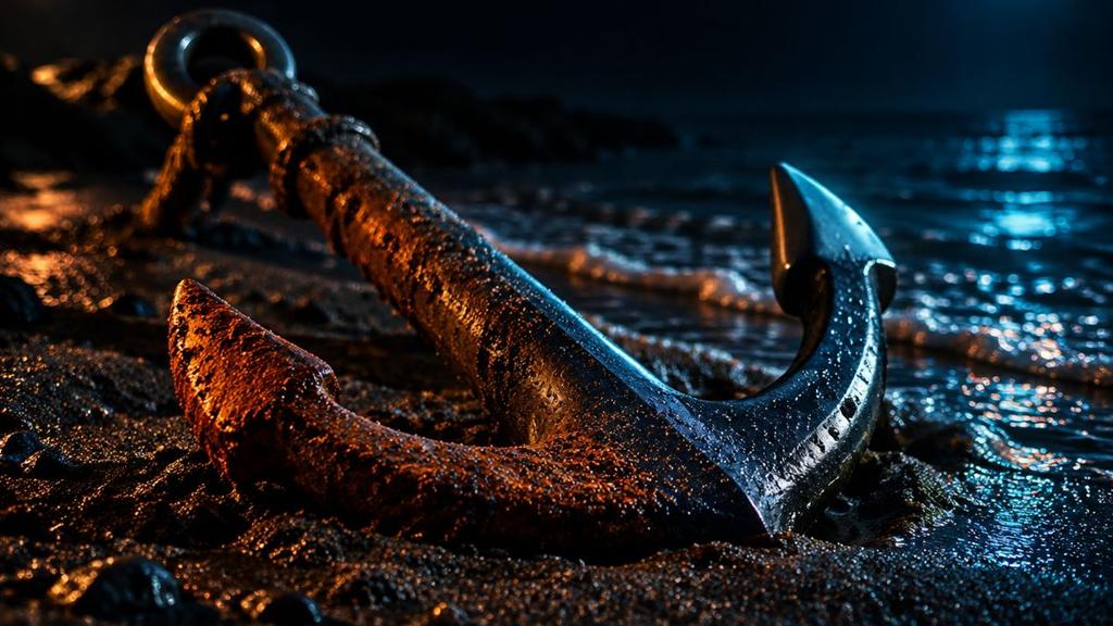 An old iron anchor on dark sand, mostly covered in orange rust, with one arm still clean and gleaming