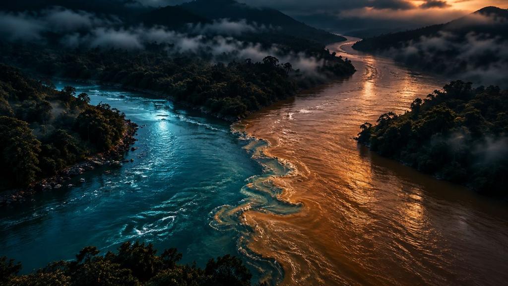 Two rivers of different colors meeting in a dark forested valley and flowing on as one wider river