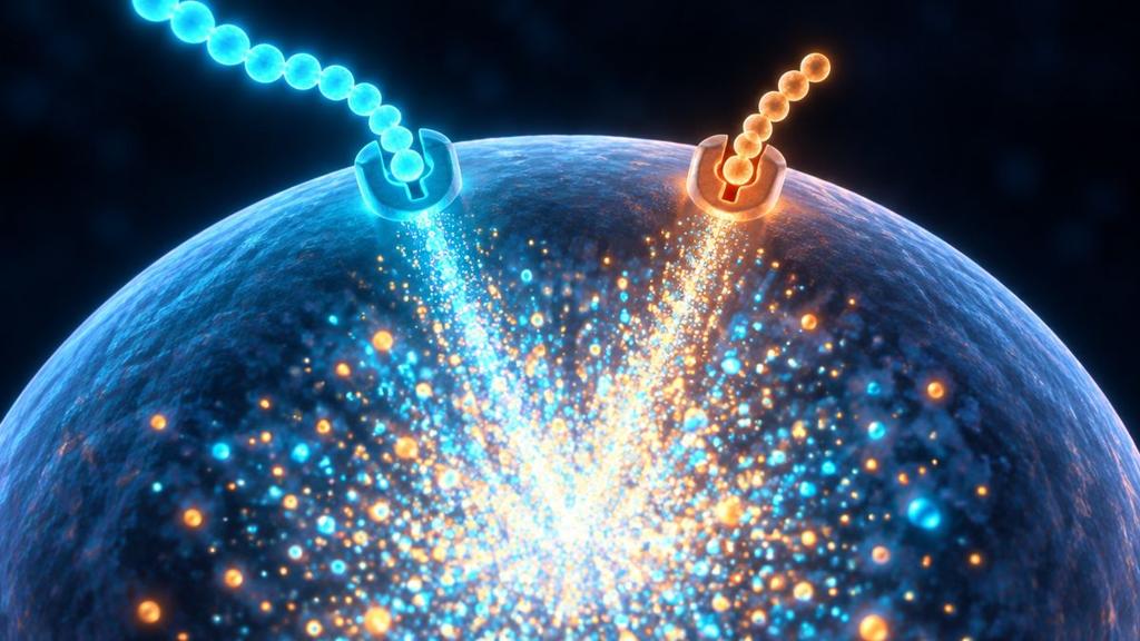 Two different glowing bead chains fitting into two different locks on one cell, with a big burst of light inside
