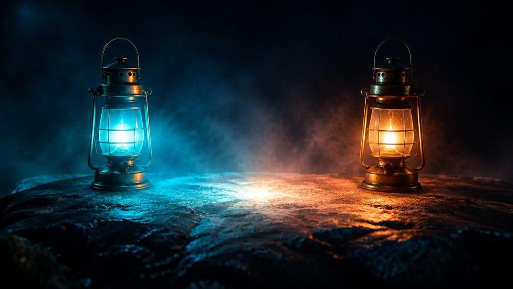 Two old lanterns side by side on dark stone, their pools of light overlapping into one much brighter glow