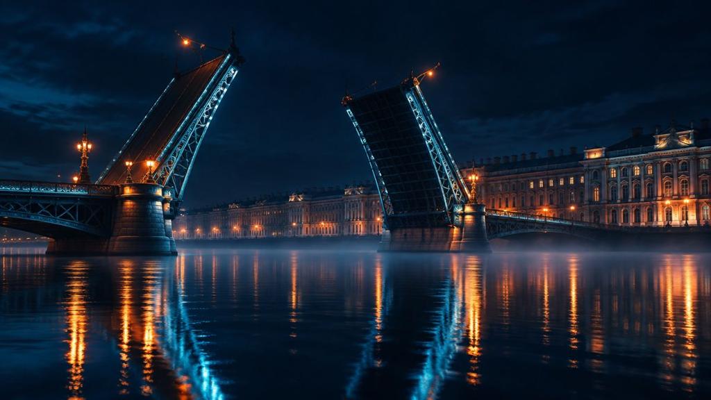 A raised drawbridge over a wide, calm river at night, with old stone buildings glowing along the far bank