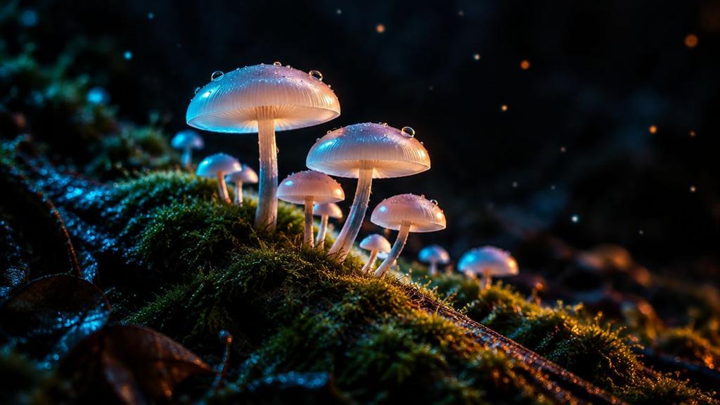 A cluster of small, pale mushrooms growing along a mossy branch on a dark forest floor at night