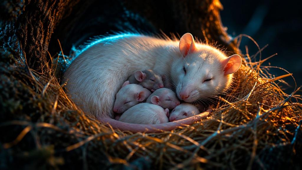 A calm white mother rat curled around her sleeping pups in a soft nest of golden straw