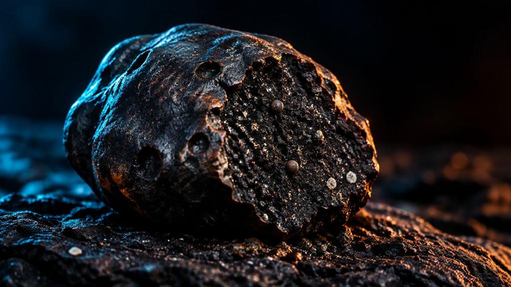 A dark, pitted meteorite resting on black rock, its edges glowing in cyan and copper light