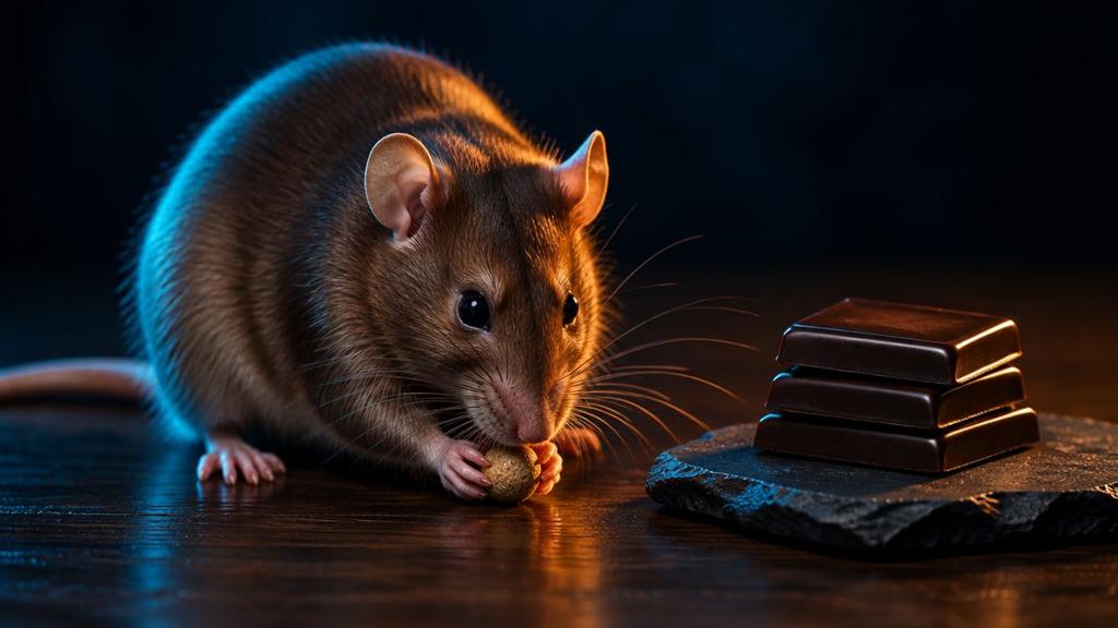 A calm brown rat nibbling plain food beside a small stack of untouched dark chocolate squares
