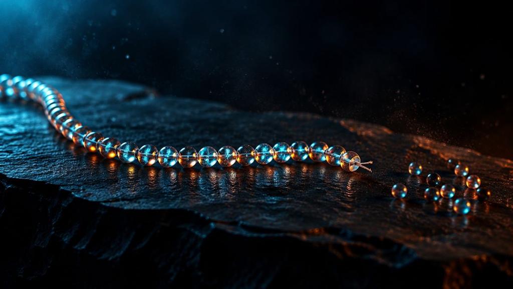 A strand of glowing glass beads on dark stone, snipped short, with a few loose beads left behind