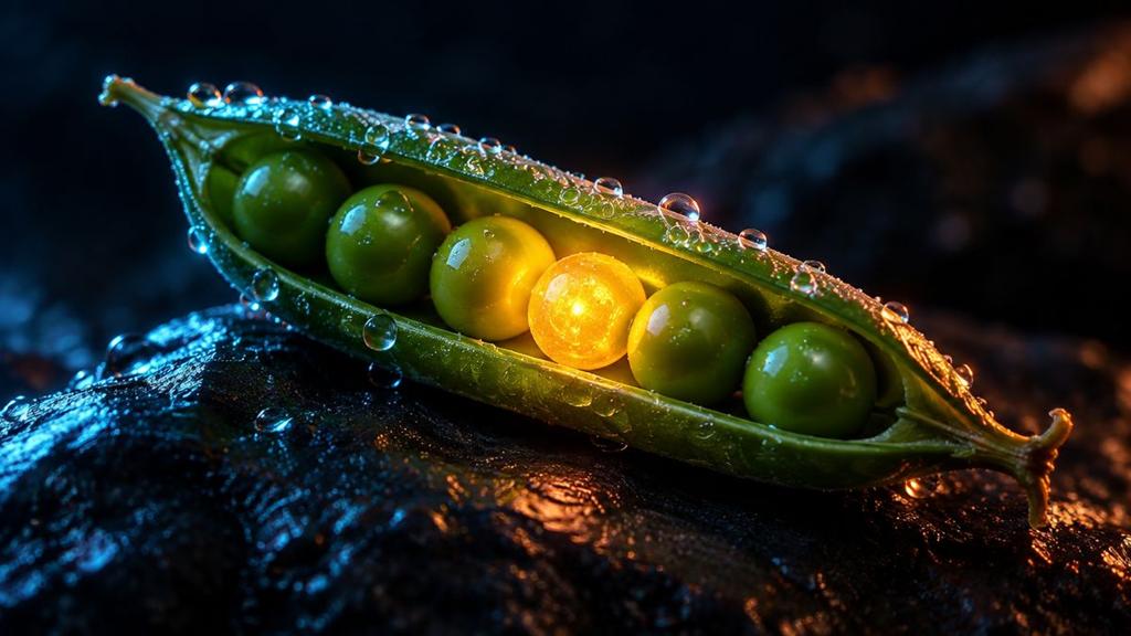 An open green pea pod on dark stone, with one pea glowing warmly from within