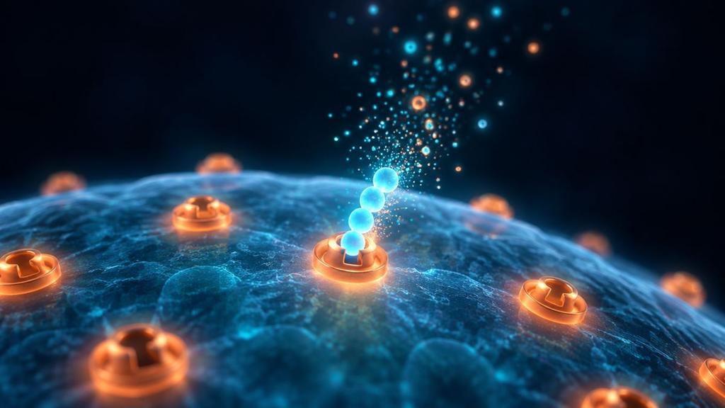 A short chain of glowing beads fitting into a lock on a cell, with tiny sparks rising from the cell