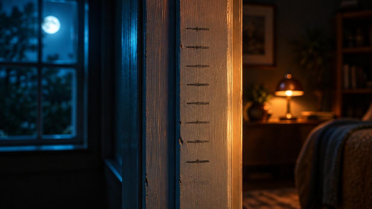 AI illustration: height marks on a doorframe, a nod to sermorelin's 1997 approval for some children who grew too slowly
