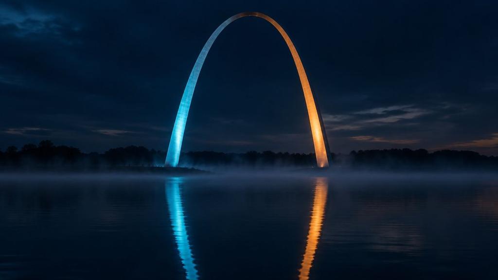The Gateway Arch glowing at dusk above the calm Mississippi River in St. Louis