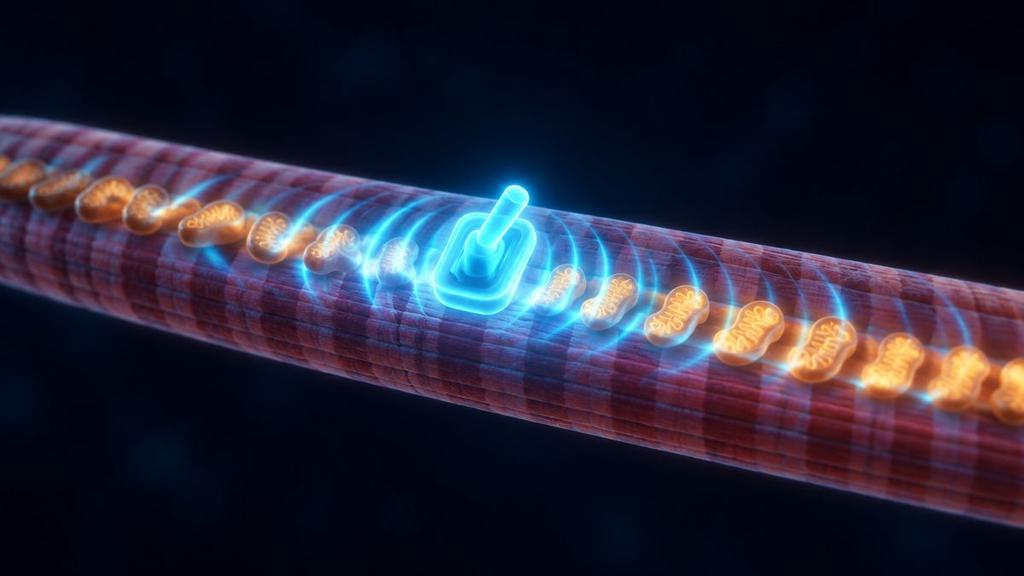A glowing master switch inside a muscle fiber, lighting up rows of small power plants