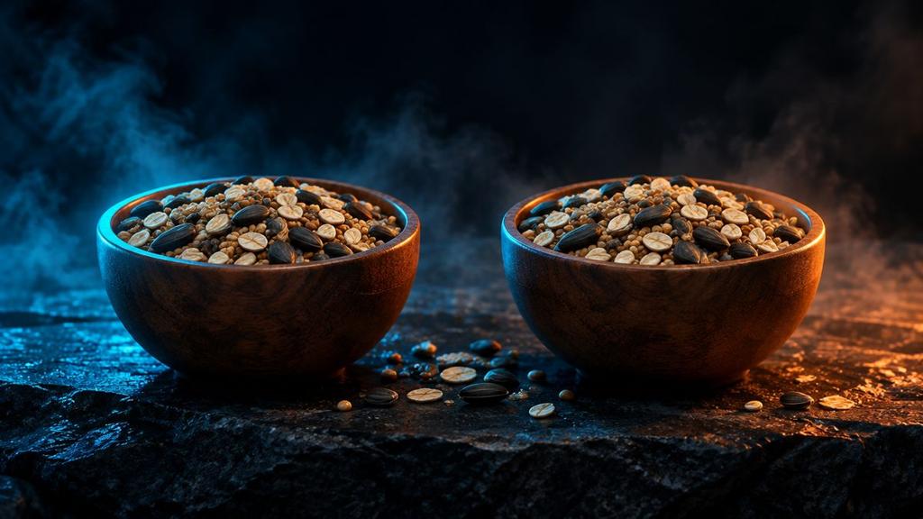 Two identical wooden bowls filled with the same seeds and grains, side by side on dark stone