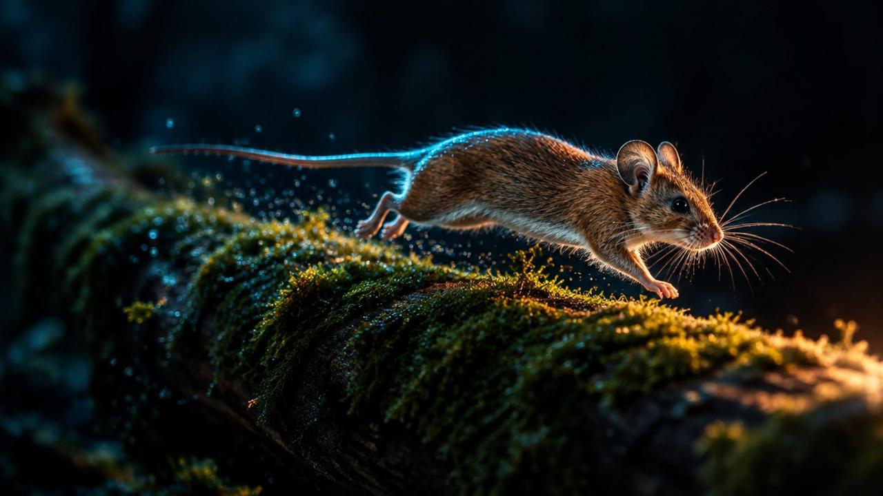 AI illustration: a mouse on the run, a nod to the 2023 study where mice given SLU-PP-332 ran about 70% longer