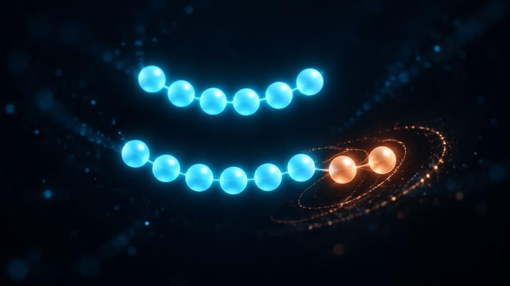 Two glowing bead chains side by side, one with six beads and one with eight, the last two beads shining copper