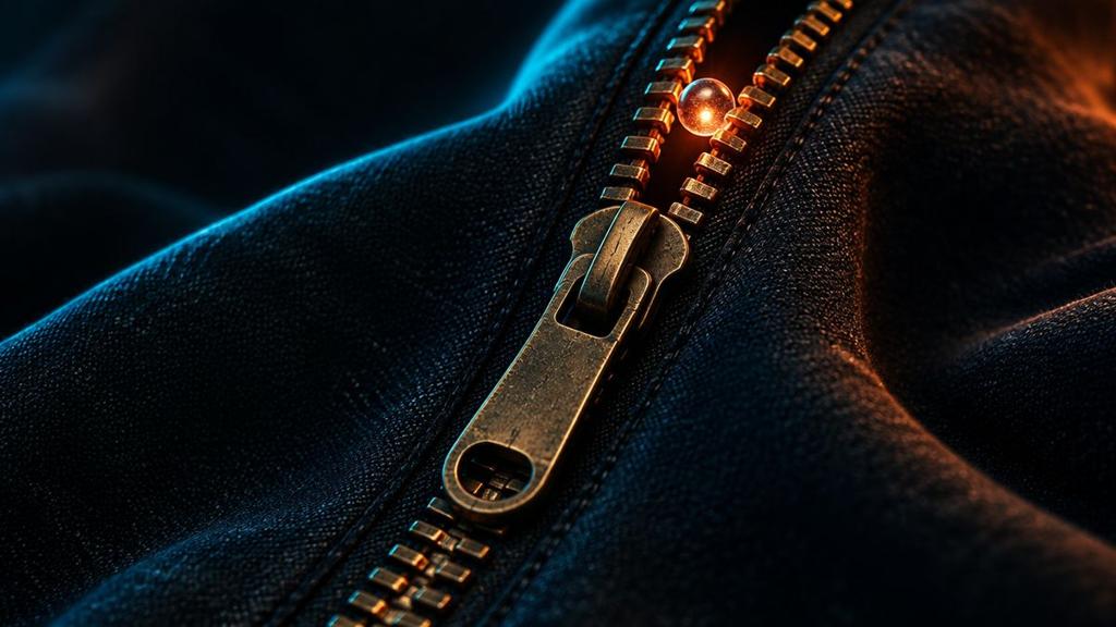 A large brass zipper on dark canvas, almost closed, with a small glowing bead caught between its teeth