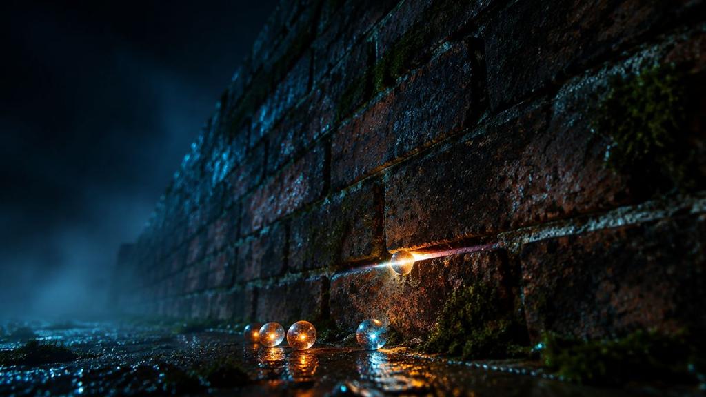 An old brick wall at night, with a few small glowing beads resting at its base and one slipping into a thin gap in the mortar
