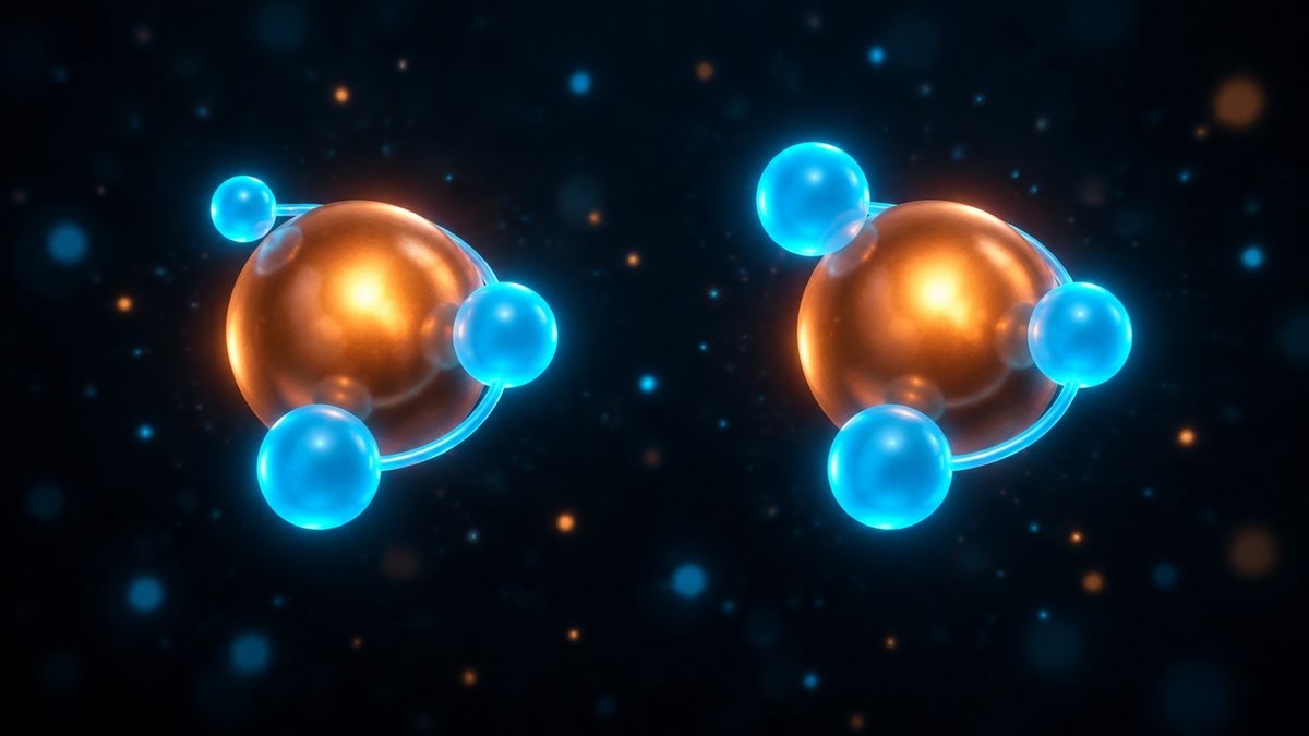 Two short chains of three glowing beads side by side, each holding a copper sphere, with only the first bead different in size