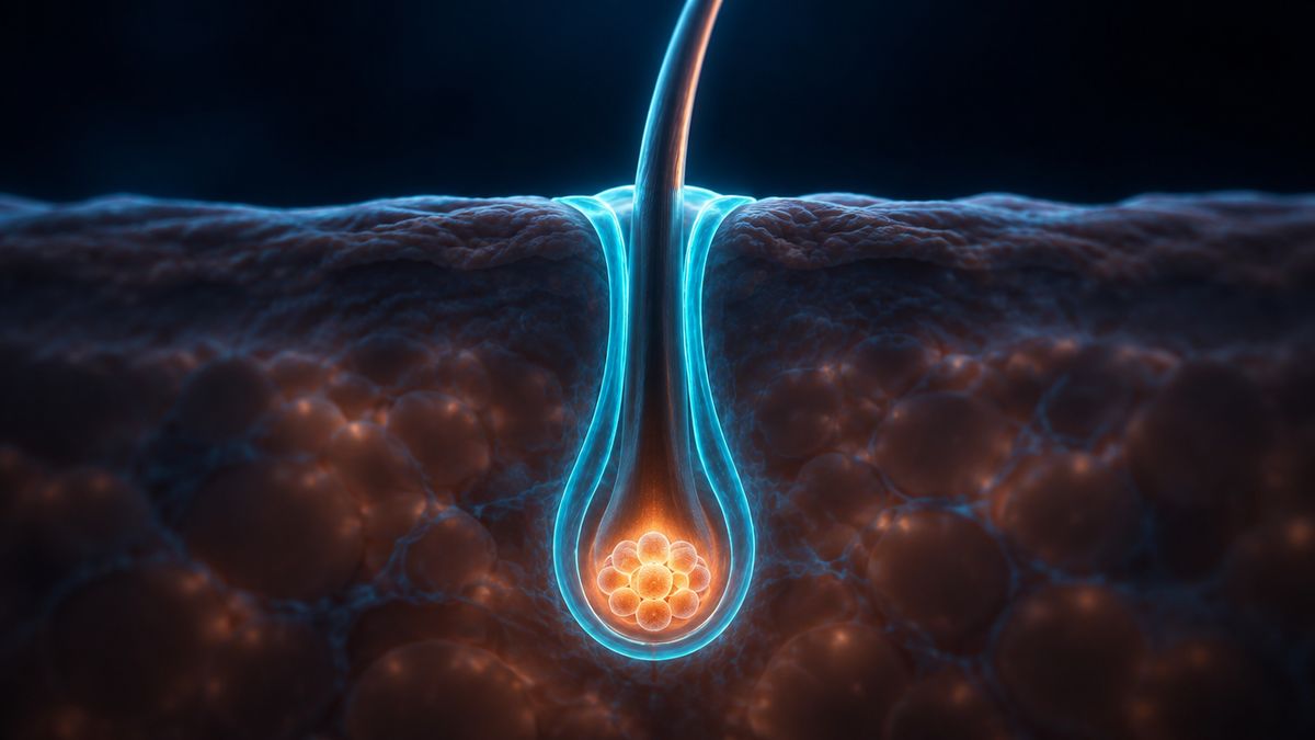 A see-through hair follicle with a softly glowing cluster of cells at its rounded base