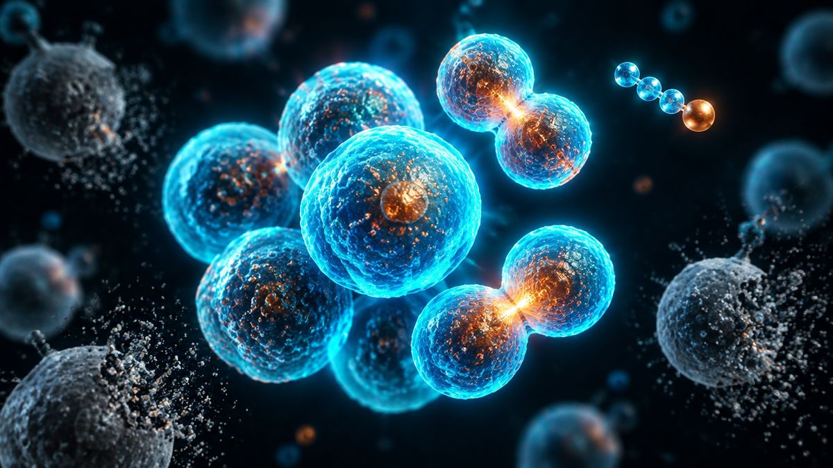 A small cluster of round cells glowing brighter and multiplying, with a few dim cells fading at the edges